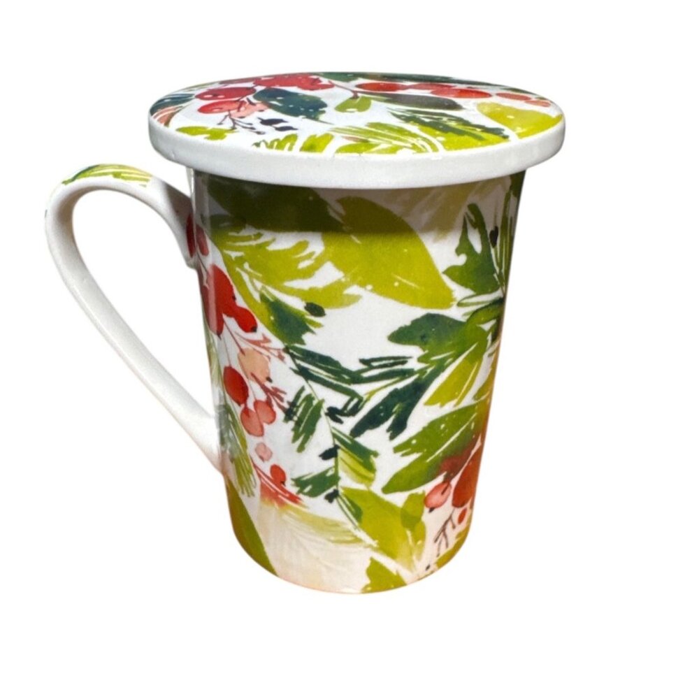 Flower Themed Kent Pottery Tea Mug & Lid Set With Red Berry & Green Leaf Design